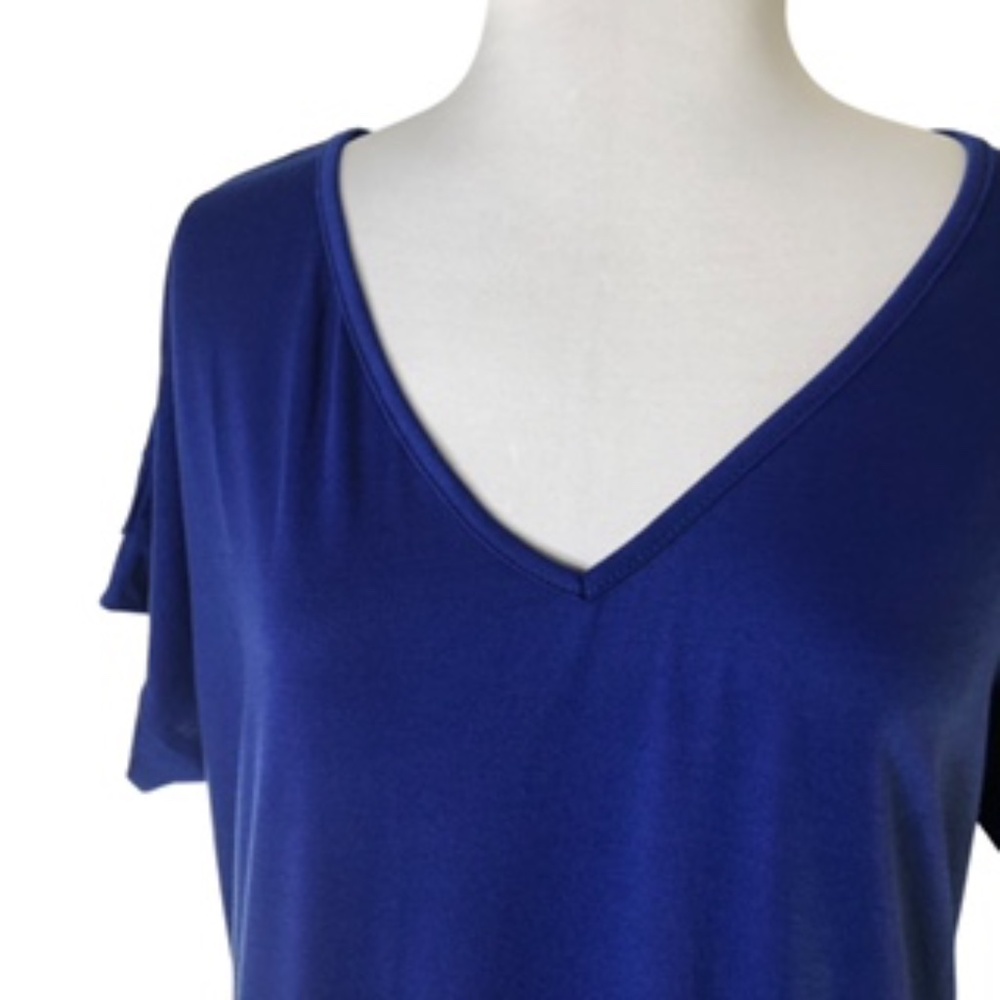 NWOT No Brand Label A-line Side Pocket V-neck Short Sleeve Blue Dress Size L - Picture 2 of 7
